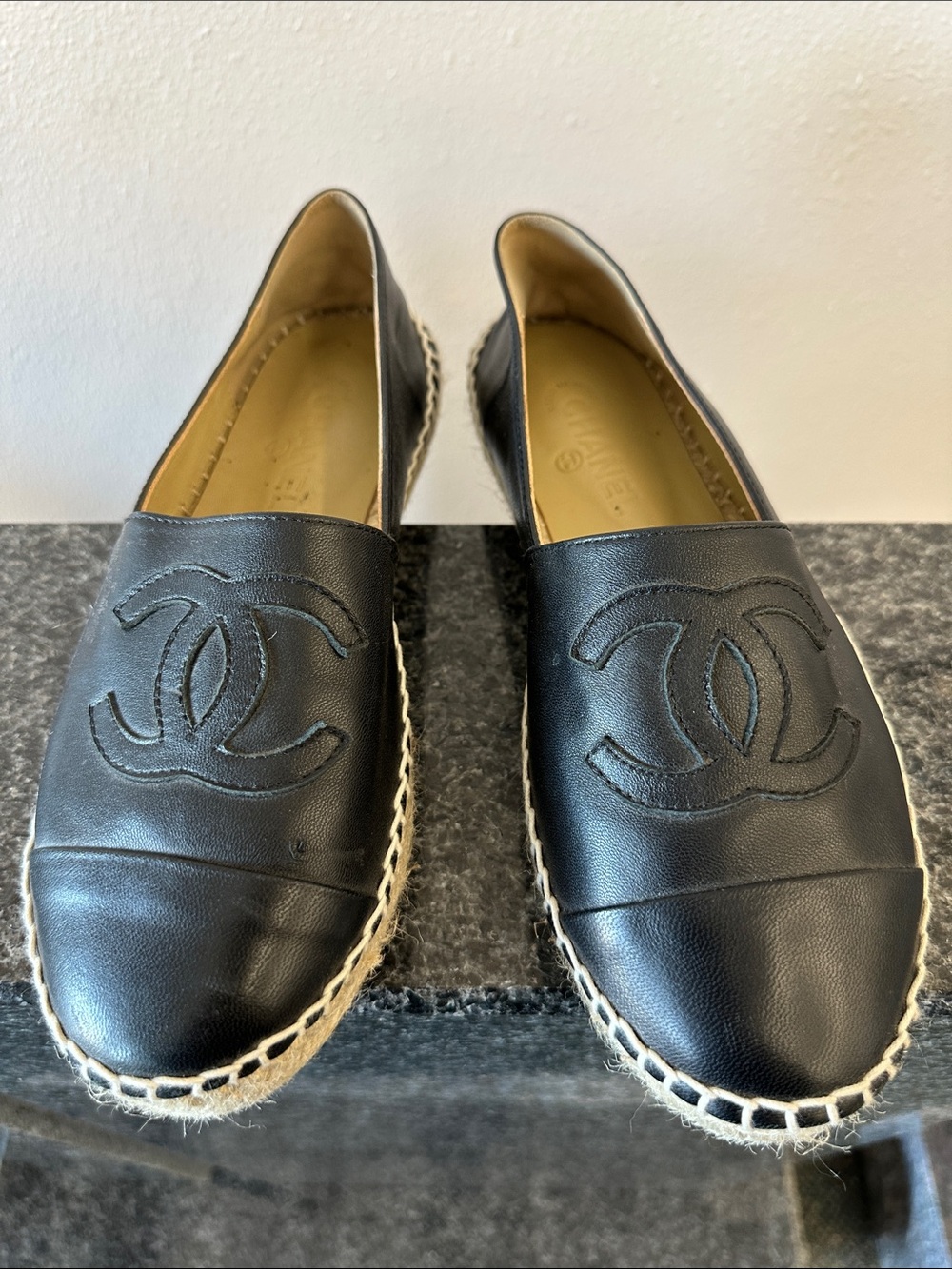 Chanel Black Leather Espadrille Flats